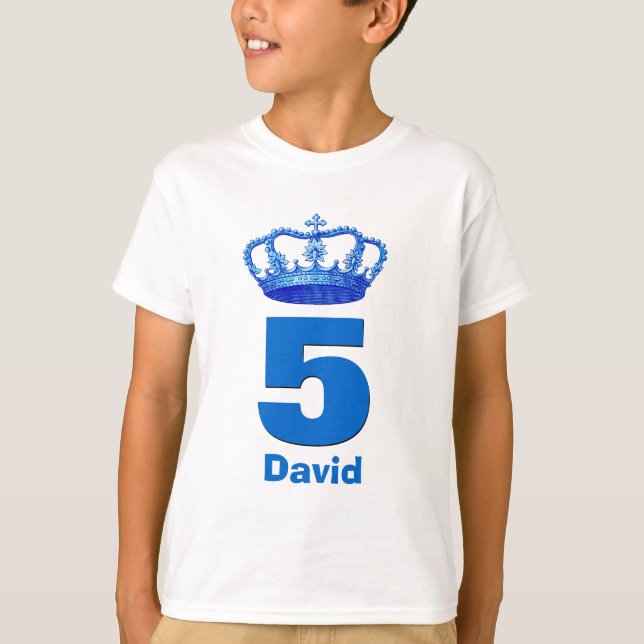5th Birthday Crown and Big Number Custom Name Boy T-Shirt (Front)