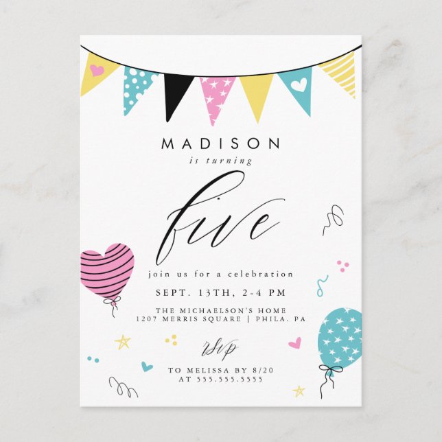 5TH BIRTHDAY | Cute Doodle Birthday Party Postcard (Front)