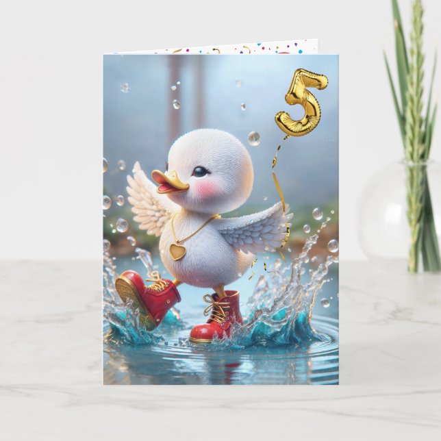 5th Birthday Duck Dancing In a Rain Puddle Card (Front)