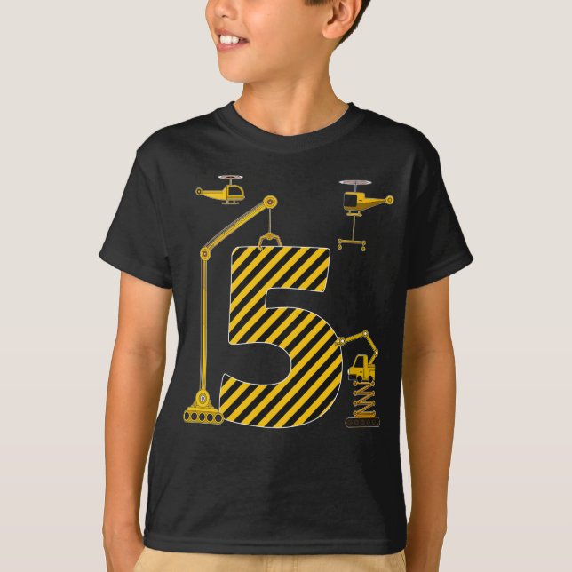 5th Birthday Excavator Construction Vehicles Party T-Shirt (Front)