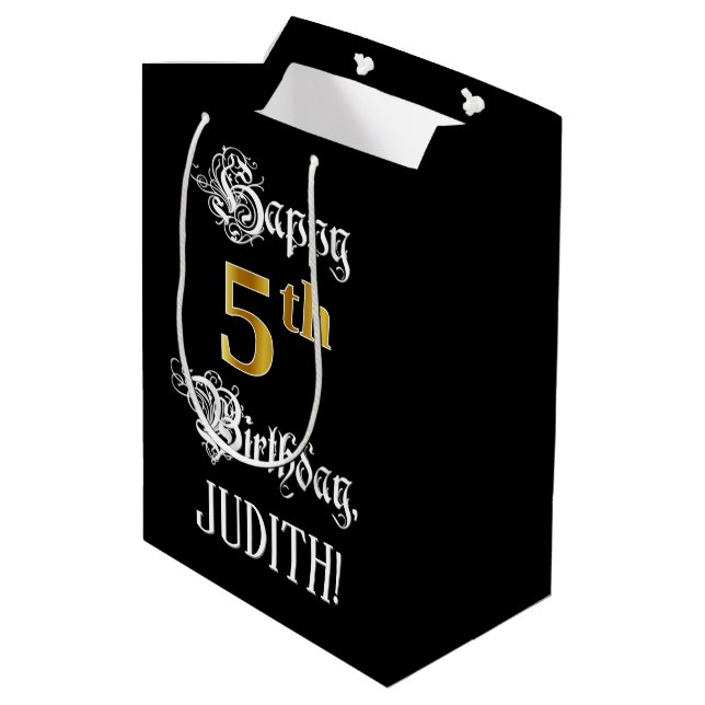5th Birthday ~ Fancy Script; Faux Gold Look; Name Medium Gift Bag (Back Angled)