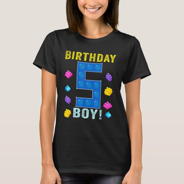 5th Birthday Five 5 Years Old Block Building Boys  T-Shirt (Front)