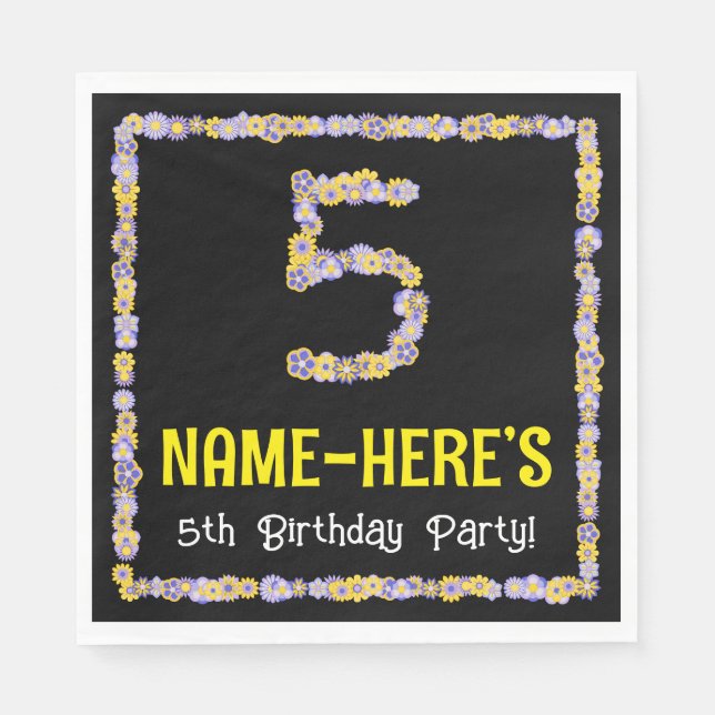 5th Birthday: Floral Flowers Number, Custom Name Napkin (Front)