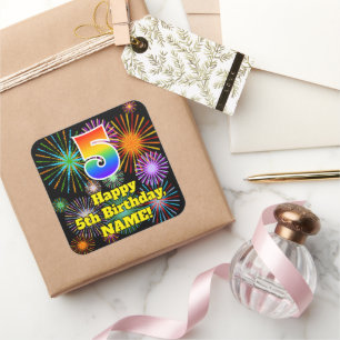 5th Birthday: Fun Fireworks Look, Rainbow # 5 Square Sticker
