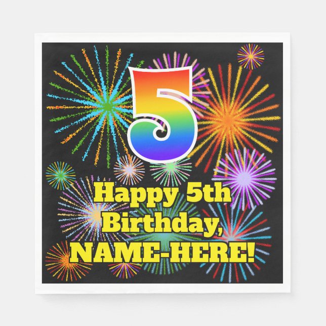 5th Birthday: Fun Fireworks Pattern + Rainbow 5 Napkin (Front)
