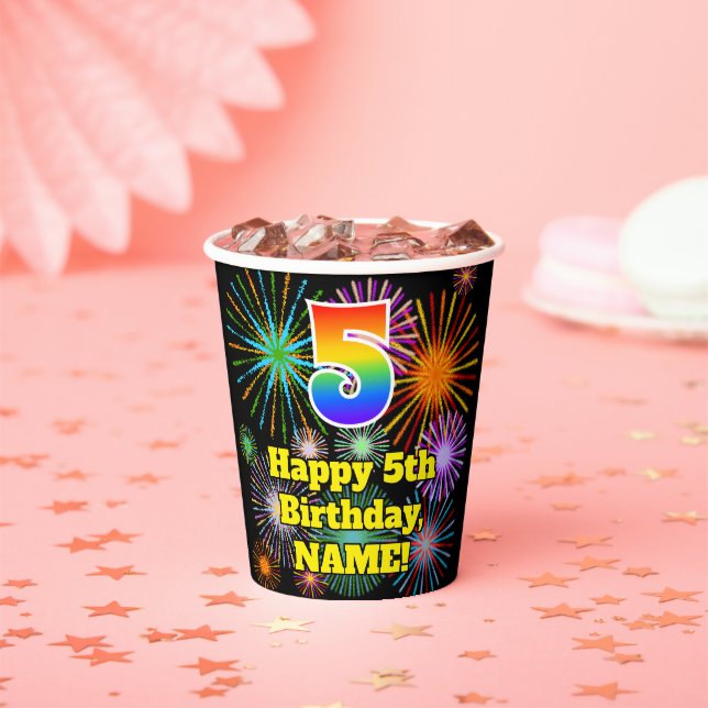 5th Birthday: Fun Fireworks Pattern + Rainbow 5 Paper Cups (Insitu)
