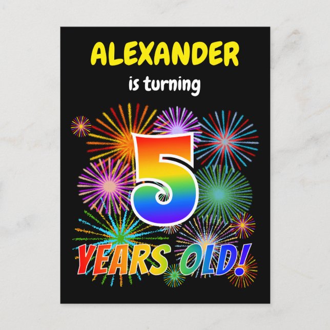 5th Birthday - Fun Fireworks, Rainbow Look "5" Postcard (Front)