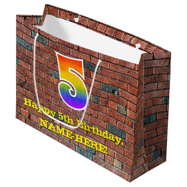 5th Birthday: Fun, Graffiti-Inspired Rainbow # 5 Large Gift Bag (Front Angled)