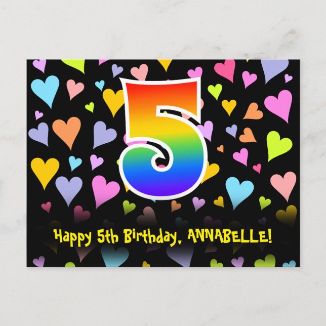 5th Birthday: Fun Hearts Pattern, Rainbow 5 Postcard (Front)
