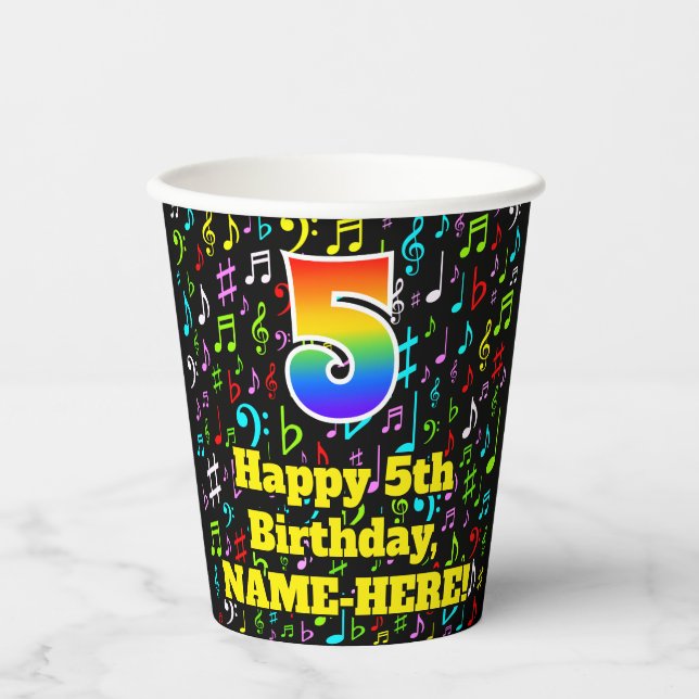 5th Birthday: Fun Music Notes Pattern, Rainbow 5 Paper Cups (Front)