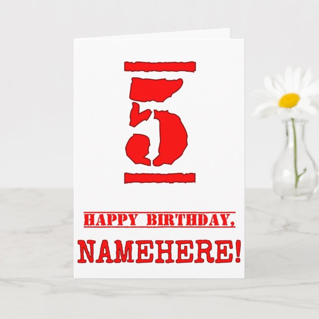 5th Birthday: Fun, Red Rubber Stamp Inspired Look Card (Small Plant)