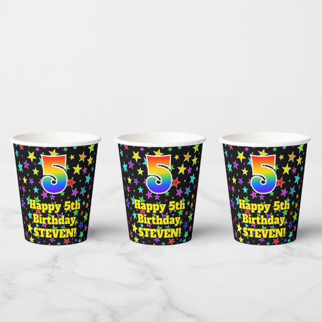 5th Birthday: Fun Stars Pattern and Rainbow 5 Paper Cups (Multi)