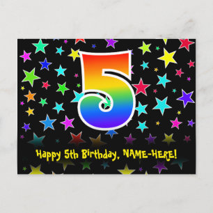 5th Birthday: Fun Stars Pattern, Rainbow 5, Name Postcard
