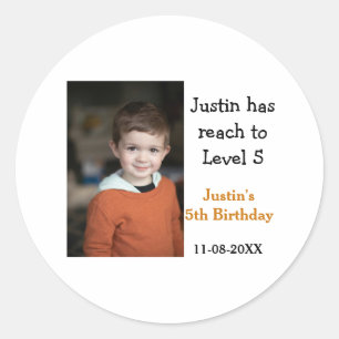 5th birthday game on boy photo name modern date  classic round sticker