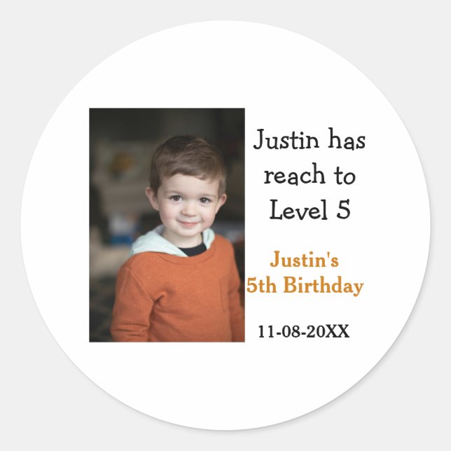 5th birthday game on boy photo name modern date  classic round sticker (Front)