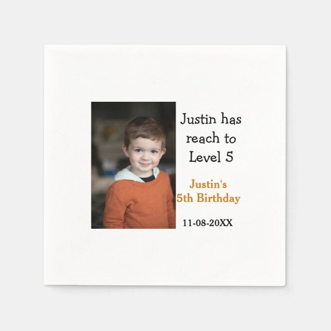 5th birthday game on boy photo name modern date  napkin (Front)