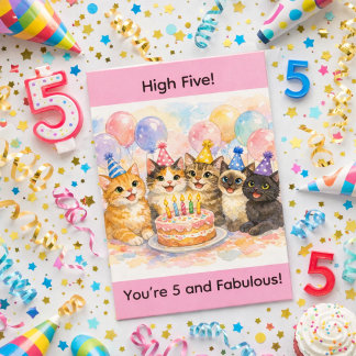 5th Birthday Girl Age 5 Watercolor Cute Cat Party Card