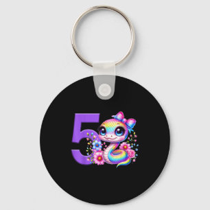 5th Birthday Girl Snake Party Rainbow Coquette Bow Key Ring