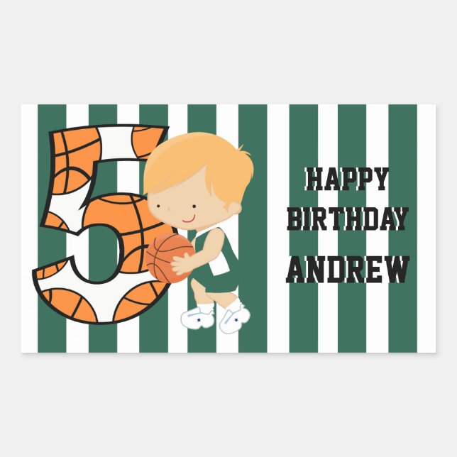 5th Birthday Green and White Basketball Player Rectangular Sticker (Front)