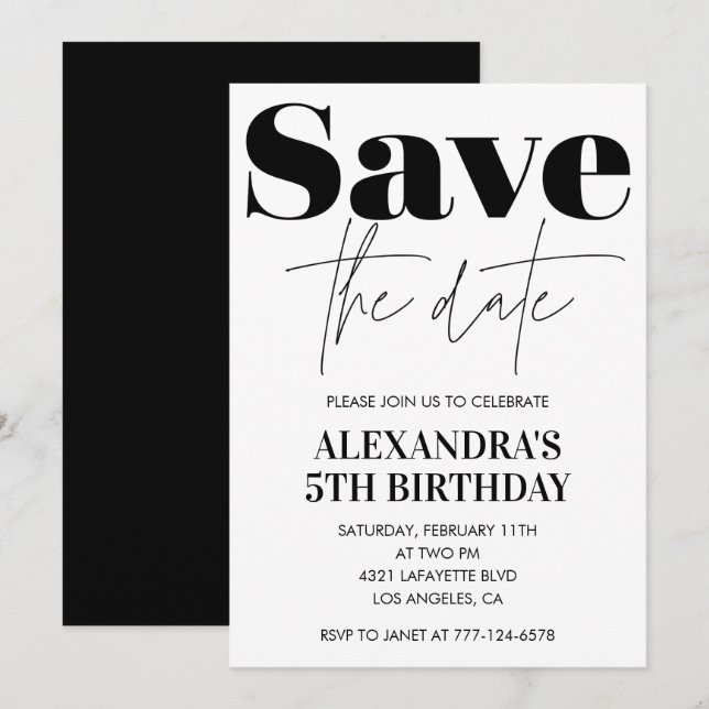 5th birthday invitation Black White Save the date (Front/Back)