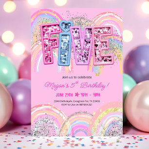 5th Birthday Invitation Girl Editable Rainbow Sequ