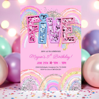 5th Birthday Invitation Girl Editable Rainbow Sequ