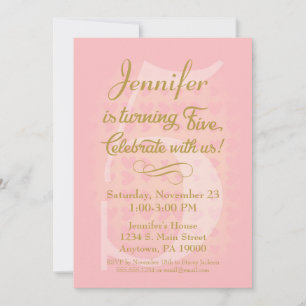 5th Birthday Invitation Girls Pink Gold Hearts