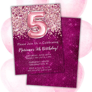 5th Birthday Invitation Girly Magenta Pink Glitter