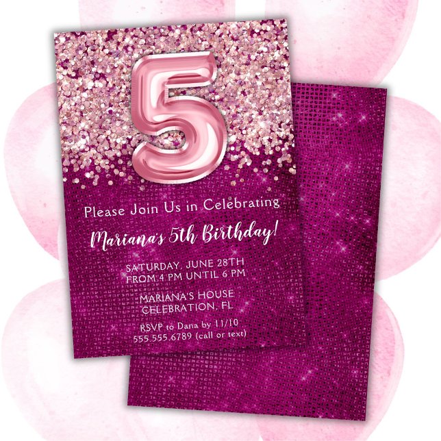 5th Birthday Invitation Girly Magenta Pink Glitter (Creator Uploaded)