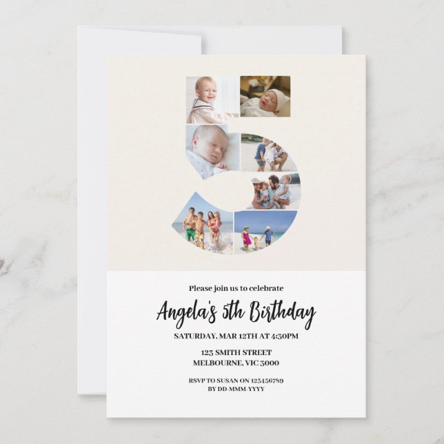 5th Birthday Invitation Minimalist - Number 5 (Front)