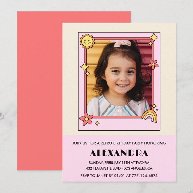 5th birthday invitation Retro Groovy Pink Floral (Front/Back)