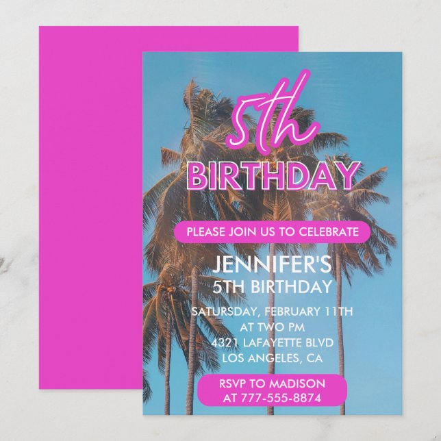 5th birthday invitation Summer Tropical Palm tree (Front/Back)