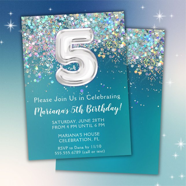 5th Birthday Invitation Teal Silver Glitter (Creator Uploaded)