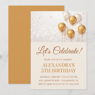 5th birthday invitations Balloons Gold