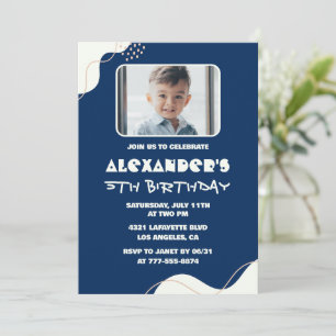 5th birthday invitations Boy Photo Simple Navy 