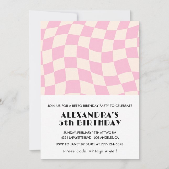 5th birthday invitations Chequered Retro Pink  (Front)