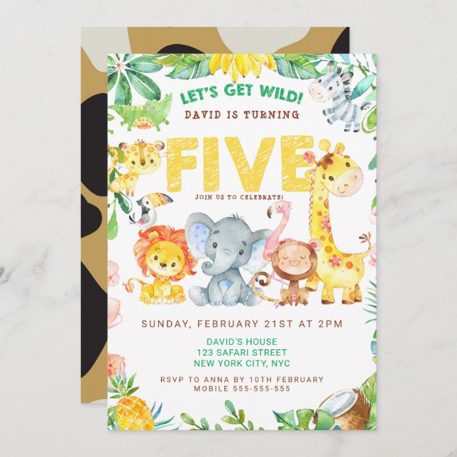  5th Birthday Jungle Safari Boy Party Zoo Animals Invitation (Front/Back)