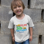 5th Birthday Kids Construction Vehicle Party Toddler T-Shirt<br><div class="desc">A cute fifth birthday bodysuit for a toddler kid who likes construction vehicles and trucks. This features a yellow cement mixer and a dinner next to the words It's My 5th Birthday and your child's name in blue. A great personalised party tee for a little boy into cars.</div>