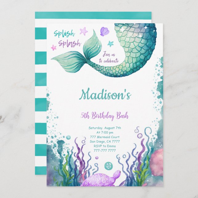 5th Birthday Mermaid Invitation (Front/Back)