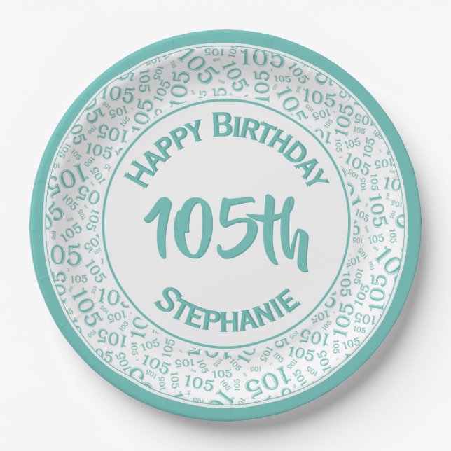 5th Birthday Modern Number Pattern Teal/White Paper Plate (Front)