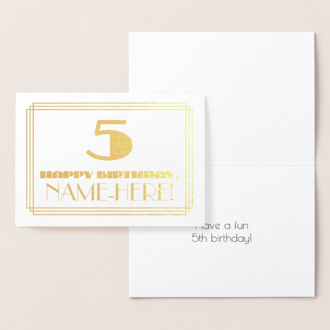 5th Birthday; Name + Art Deco Inspired Look "5" Foil Card (Display)