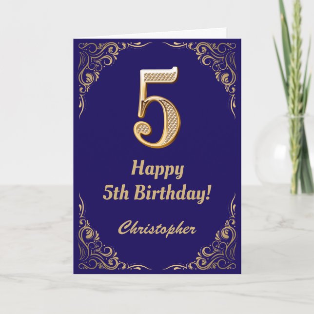 5th Birthday Navy Blue and Gold Glitter Frame Card (Front)
