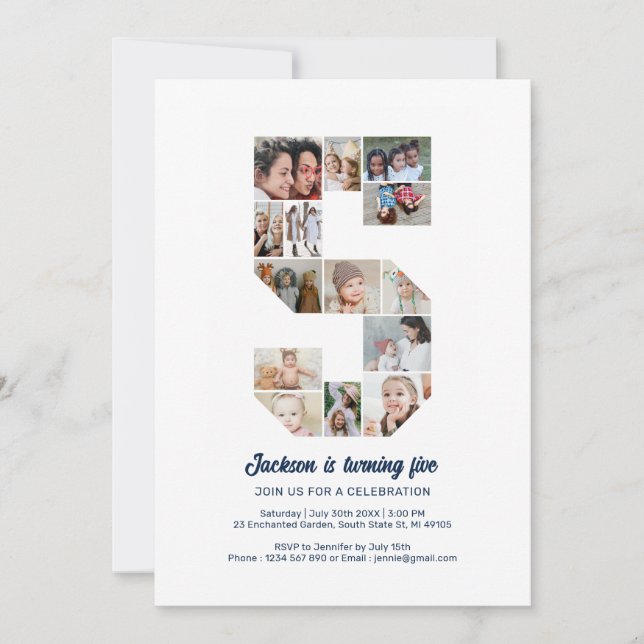 5th Birthday Number 5 Custom Photo Collage Invitation (Front)