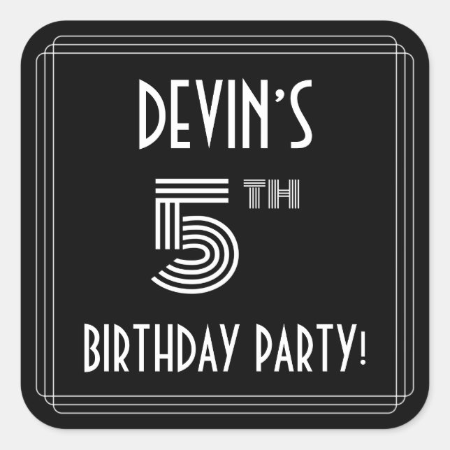 5th Birthday Party: Art Deco Style & Custom Name Square Sticker (Front)
