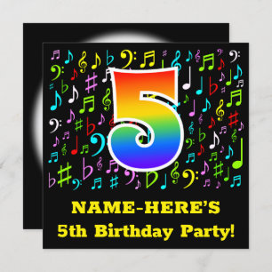 5th Birthday Party: Fun Music Symbols, Rainbow 5 Invitation