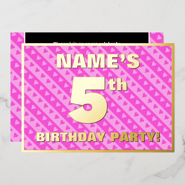 5th Birthday Party — Fun Pink Hearts and Stripes (Front/Back)