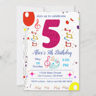 5th birthday Party Invitation - Music Theme