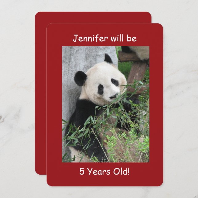 5th Birthday Party Invitation, Two-Sided Panda Red Invitation (Front/Back)