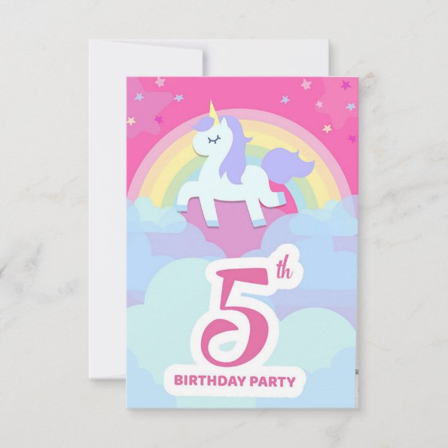 5th Birthday Party Invitations - Unicorn & Rainbow (Front)