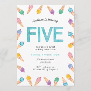 5th Birthday Party   Rainbow Ice cream invitation